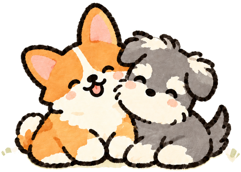 Corgi and schnauzer puppies cuddling